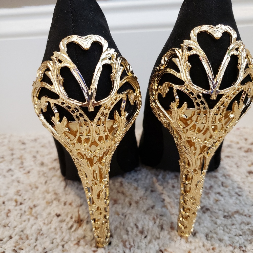 Black Faux-Suede Pumps with Gold Heel